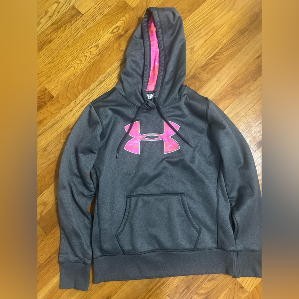 Women’s Under Armour Gray Cold Gear Hoodie Pink/Orange Logo & Hood - S